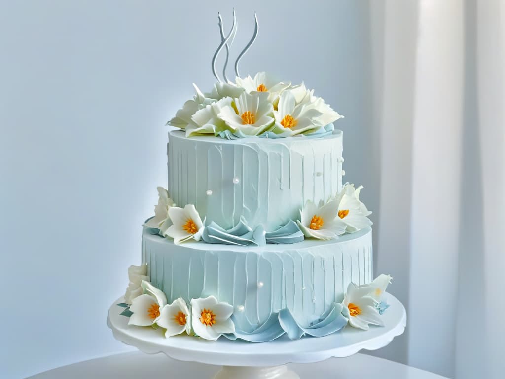  A closeup, ultradetailed image of a perfectly frosted and meticulously decorated multitiered wedding cake, featuring intricate floral designs in pastel colors, delicate piping work, and shimmering edible pearls. The cake is elegantly displayed on a sleek, white marble cake stand against a soft, blurred background, highlighting the exquisite craftsmanship and artistry of the confection. hyperrealistic, full body, detailed clothing, highly detailed, cinematic lighting, stunningly beautiful, intricate, sharp focus, f/1. 8, 85mm, (centered image composition), (professionally color graded), ((bright soft diffused light)), volumetric fog, trending on instagram, trending on tumblr, HDR 4K, 8K