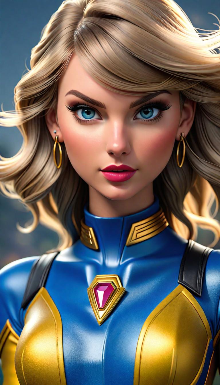  Professional 3D model of Taylor Swift as a Blue Power Ranger . Rendered with Octane, the model is highly detailed,dramatic lighting. hyperrealistic, full body, detailed clothing, highly detailed, cinematic lighting, stunningly beautiful, intricate, sharp focus, f/1. 8, 85mm, (centered image composition), (professionally color graded), ((bright soft diffused light)), volumetric fog, trending on instagram, trending on tumblr, HDR 4K, 8K