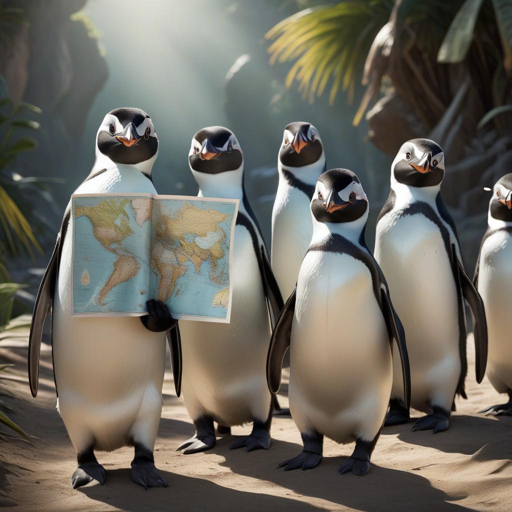  cinematic film still Draw Madagascar penguins holding a map. . shallow depth of field, vignette, highly detailed, high budget, bokeh, cinemascope, moody, epic, gorgeous, film grain, grainy hyperrealistic, full body, detailed clothing, highly detailed, cinematic lighting, stunningly beautiful, intricate, sharp focus, f/1. 8, 85mm, (centered image composition), (professionally color graded), ((bright soft diffused light)), volumetric fog, trending on instagram, trending on tumblr, HDR 4K, 8K