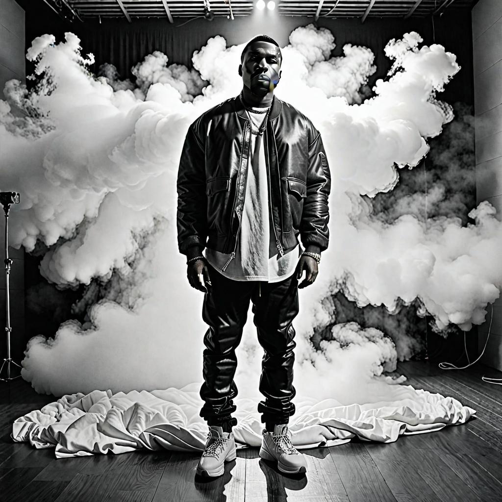  b&w, instagram photo, Kanye west, film grain hyperrealistic, full body, detailed clothing, highly detailed, cinematic lighting, stunningly beautiful, intricate, sharp focus, f/1. 8, 85mm, (centered image composition), (professionally color graded), ((bright soft diffused light)), volumetric fog, trending on instagram, trending on tumblr, HDR 4K, 8K