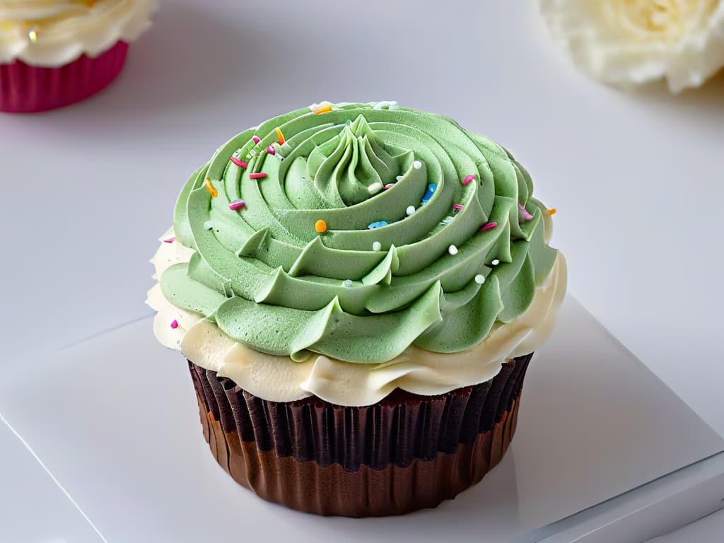  A closeup, ultradetailed image of a perfectly frosted cupcake with delicate sprinkles arranged in a gradient pattern, showcasing the intricate details of the frosting texture and the vibrant colors of the sprinkles, all set against a simple, clean white background. hyperrealistic, full body, detailed clothing, highly detailed, cinematic lighting, stunningly beautiful, intricate, sharp focus, f/1. 8, 85mm, (centered image composition), (professionally color graded), ((bright soft diffused light)), volumetric fog, trending on instagram, trending on tumblr, HDR 4K, 8K