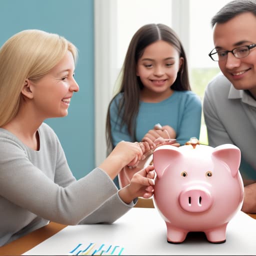  Create an illustration with a family engaged in a discussion at home about financial planning and savings. Include visuals of a piggy bank, gold and silver coins, and investment charts in the background to symbolize savings and financial growth. The style should be bright and optimistic, with a vibrant color palette to make the image appealing and engaging on social media.
