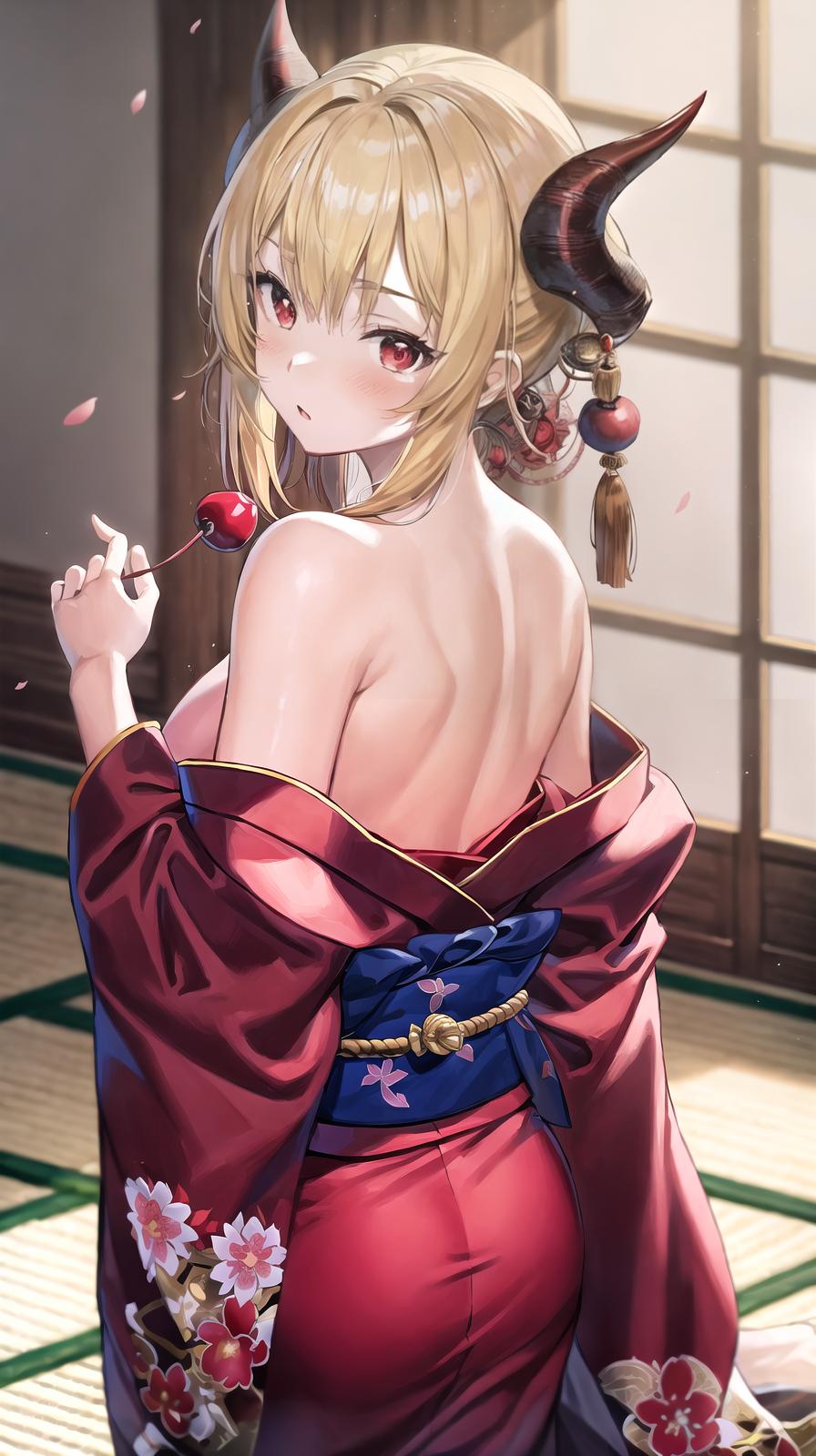  master piece , best quality,score 9, score 8 up, score 7 up, score 6 up, source anime, oni, kitagawa marin, oni horns, skin covered horns, japanese clothes, red kimono, solo, blonde hair, red eyes, cowboy shot, indoors, bare shoulders, from behind, looking back, blush, cherry blossoms, depth of field, masterpeice, best quality, very aesthetic, absurdres