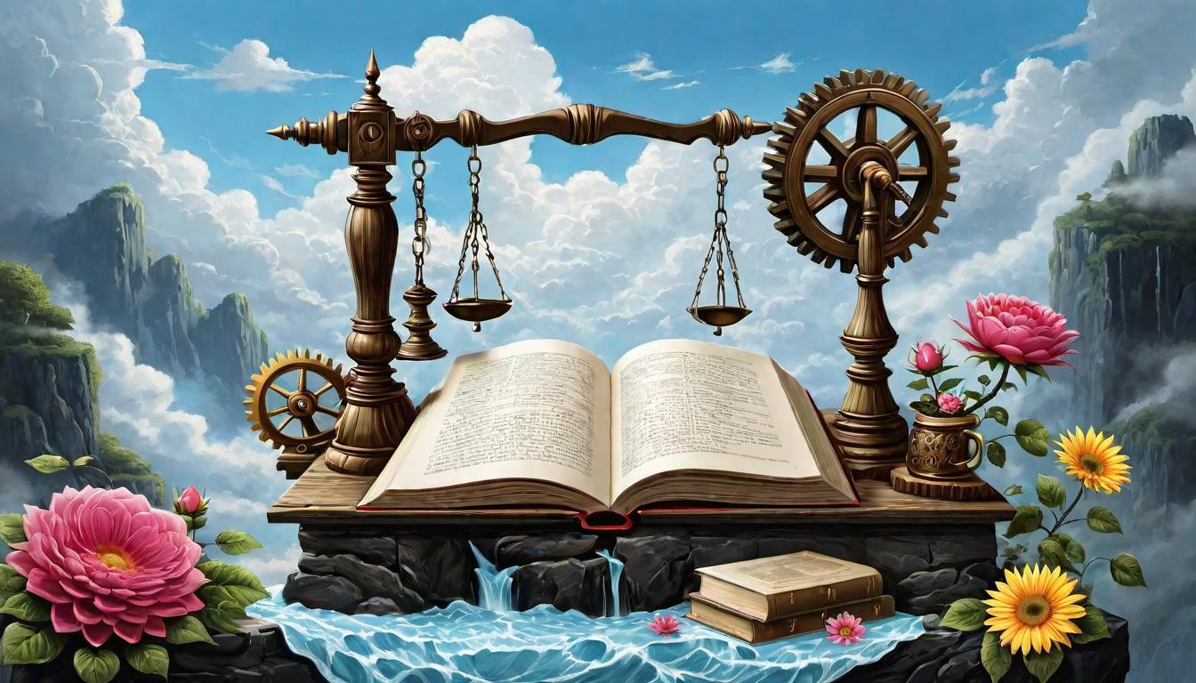  （surrealism)A balanced scale, one side with books and gears, other side with a pillow and flowers, harmonious arrangement, sunlight breaking through clouds, balance, harmony mystic, intricate details, best quality)