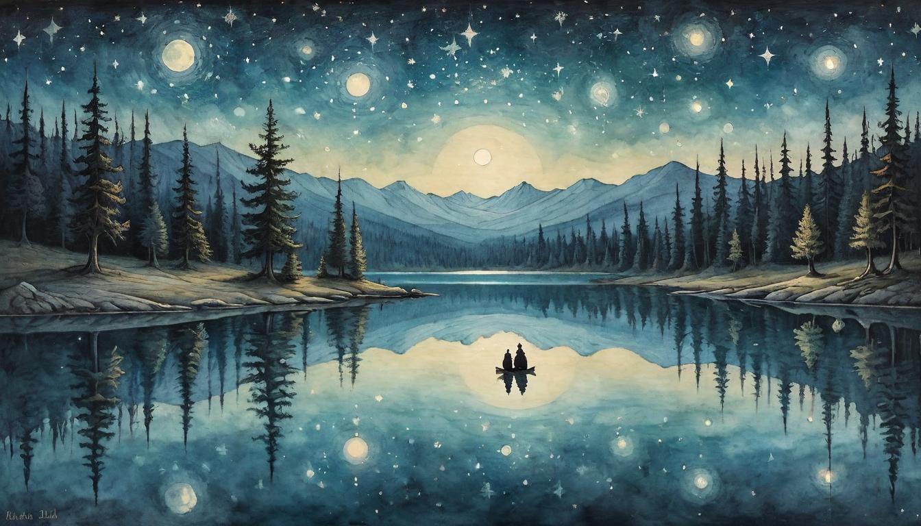  on parchment, surrealism+++, A mirrored surface on a still lake under a star filled sky, reflecting the truest self, solitary figure gazing into the mirror, water so clear it seems another realm, stars mirrored so perfectly they could be mistaken for souls looking back, serene, contemplative, revelation.(mysterious, provocative, symbolic,muted color)+++