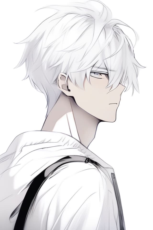  (One young man) (white hair colored man) (handsome) (mash hair) (cool illustration) (Close Up of Upper Body) (Monochrome) (Black and White) (Handsome) (White Hair Color) Masterpiece, Long Two Block Hair with Bangs, Handsome, In White Cutter Shirt, High Quality, 8k