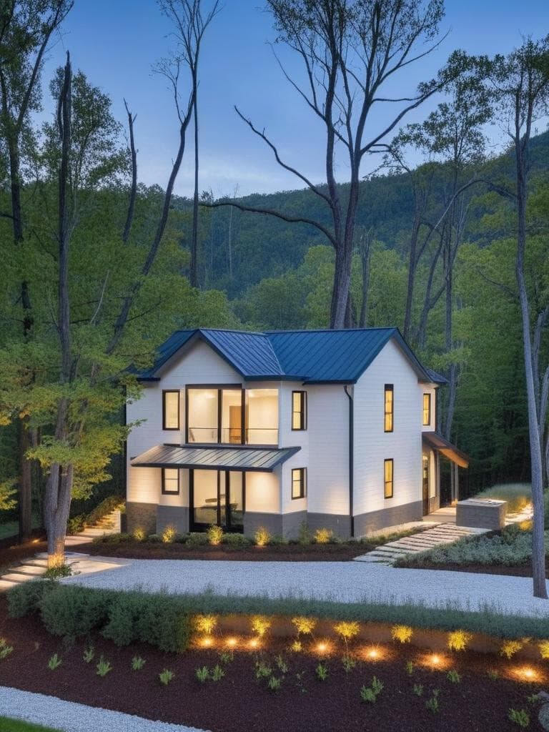 redesign the building exterior in a modern minimalist architectural style, featuring smooth white concrete walls, large glass windows, clean lines, and ambient exterior lighting. replace traditional design elements with sleek, contemporary finishes. keep the perspective and overall structure intact