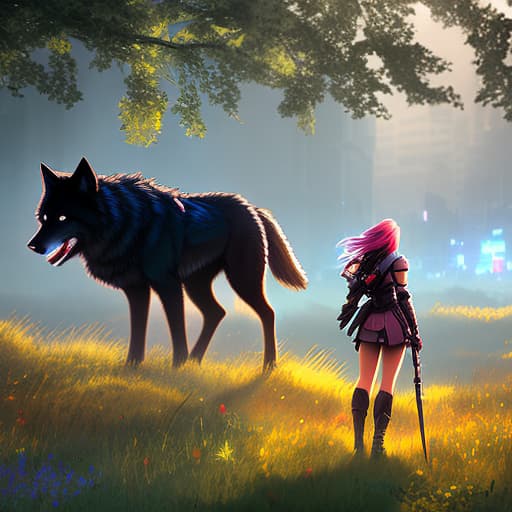 nvinkpunk A girl with short brown-blue hair next to a statue of a black wolf with red eyes in a meadow hyperrealistic, full body, detailed clothing, highly detailed, cinematic lighting, stunningly beautiful, intricate, sharp focus, f/1. 8, 85mm, (centered image composition), (professionally color graded), ((bright soft diffused light)), volumetric fog, trending on instagram, trending on tumblr, HDR 4K, 8K