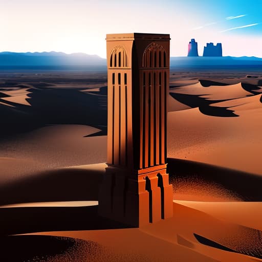  Masterpiece, best quality, This monument valley themed image shows a magnificent desert landscape. In the center of the image, we can see a tall and ancient monument, made of huge rocks, stretching skyward. The monument is uniquely shaped as if it were a giant's arm reaching skyward. Sunlight shines through the clouds on the monument, giving it a sense of mystery.

 Around the monument is a vast desert, with sand dunes undulating and golden in color, forming a beautiful texture with the breeze. At the end of the desert is an endless sky, blue, clean and quiet. The mountains in the distance outline a magnificent background, with undulating peaks that give a sense of grandeur and majesty.

 In the foreground of the picture, we can see a p