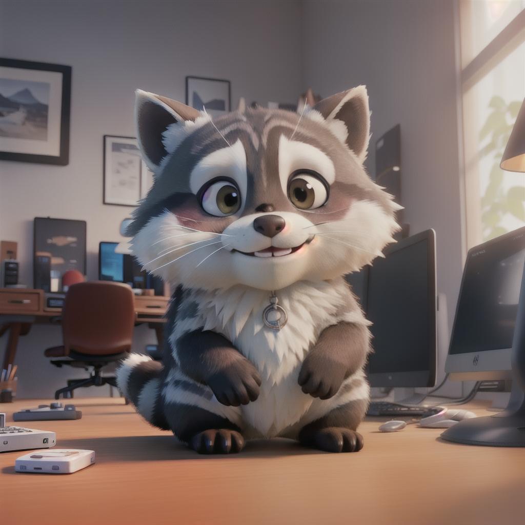  raccoon sitting in gaming chair front a computer on desktop, ((semi anthropomorphic)),(full body), tail, belly, sitting, fat, (chubby), (((white background))), solo, desktop, gaming chair, side view,  [[[clothes]]] hyperrealistic, full body, detailed clothing, highly detailed, cinematic lighting, stunningly beautiful, intricate, sharp focus, f/1. 8, 85mm, (centered image composition), (professionally color graded), ((bright soft diffused light)), volumetric fog, trending on instagram, trending on tumblr, HDR 4K, 8K