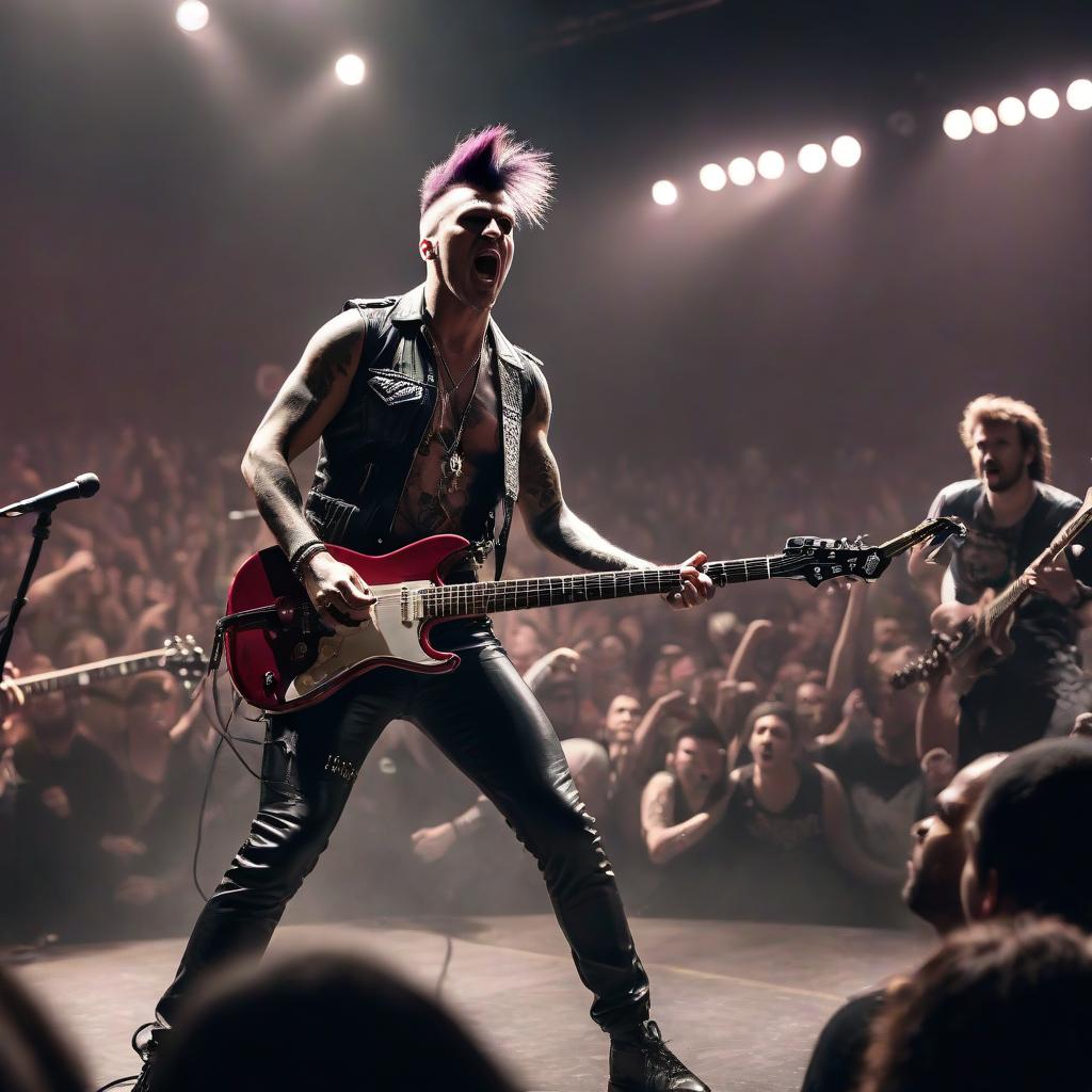  Punk rock singer concert microphone guitar mosh pit fight Iroquois. hyperrealistic, full body, detailed clothing, highly detailed, cinematic lighting, stunningly beautiful, intricate, sharp focus, f/1. 8, 85mm, (centered image composition), (professionally color graded), ((bright soft diffused light)), volumetric fog, trending on instagram, trending on tumblr, HDR 4K, 8K