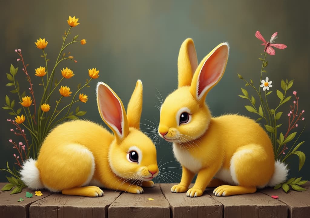  good quality, high quality, enchanted fairy tale still life with adorable yellow bunnies and rustic charm digital painting