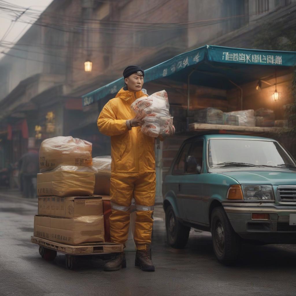  Delivery of goods from China. hyperrealistic, full body, detailed clothing, highly detailed, cinematic lighting, stunningly beautiful, intricate, sharp focus, f/1. 8, 85mm, (centered image composition), (professionally color graded), ((bright soft diffused light)), volumetric fog, trending on instagram, trending on tumblr, HDR 4K, 8K