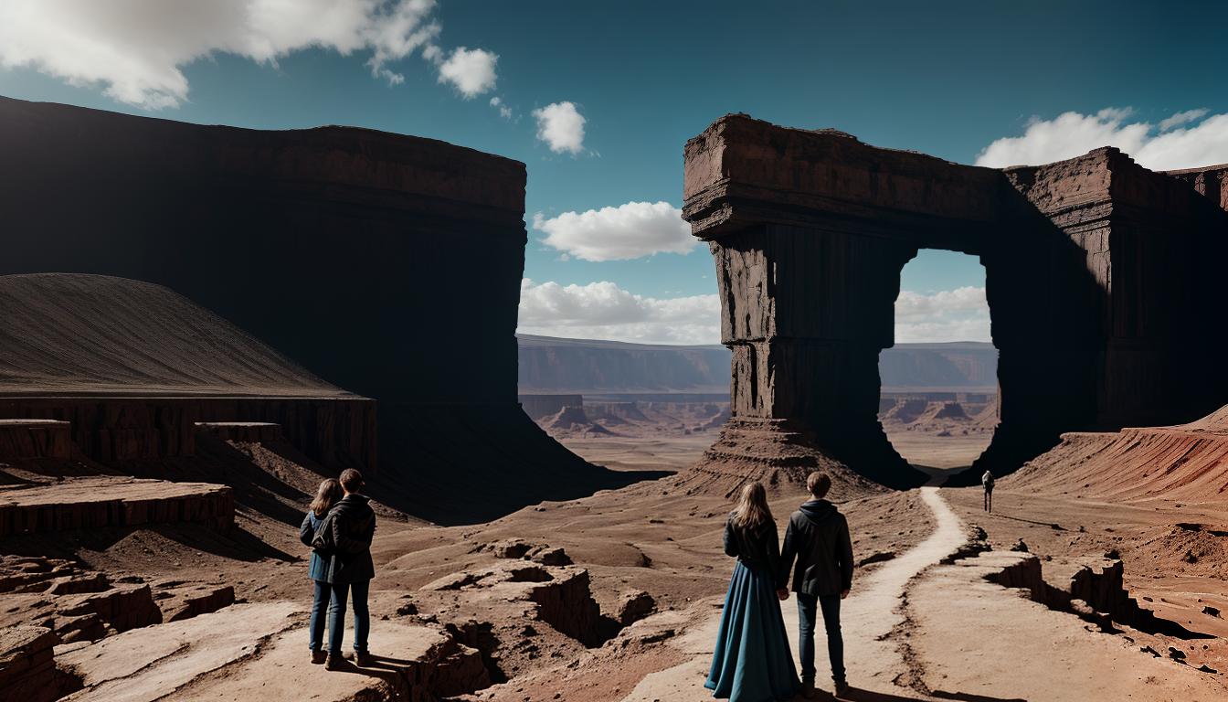  digital illustration, Lucas and Elise standing on either side of a widening chasm, reaching out but unable to connect, desolate landscape, sense of separation, emotional distance, looking at viewer, dynamic pose, (intricate details, masterpiece, best quality)