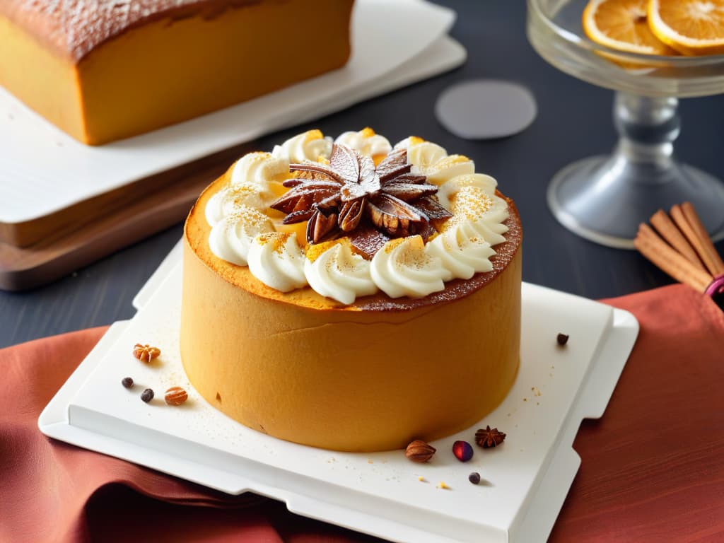  A closeup, highresolution image of a freshly baked sweet potato cake, showcasing the golden crust and moist texture, with a sprinkle of cinnamon on top for an added touch of fall flavor. The cake sits on a simple, elegant white plate, set against a soft, blurred background that hints at a cozy kitchen environment. The lighting is soft and warm, highlighting the cake's rich color and inviting texture, making it a visually appetizing and aesthetically pleasing image that complements the autumnal theme of the article. hyperrealistic, full body, detailed clothing, highly detailed, cinematic lighting, stunningly beautiful, intricate, sharp focus, f/1. 8, 85mm, (centered image composition), (professionally color graded), ((bright soft diffused light)), volumetric fog, trending on instagram, trending on tumblr, HDR 4K, 8K