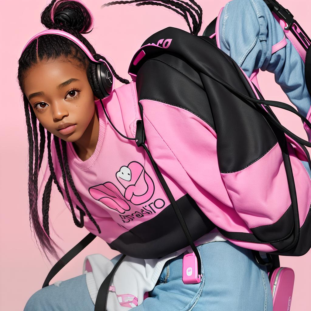  masterpiece, best quality, beautiful black girl with pink headphone and pink background and black soft locs and have a iphone 15 pink and a backpack