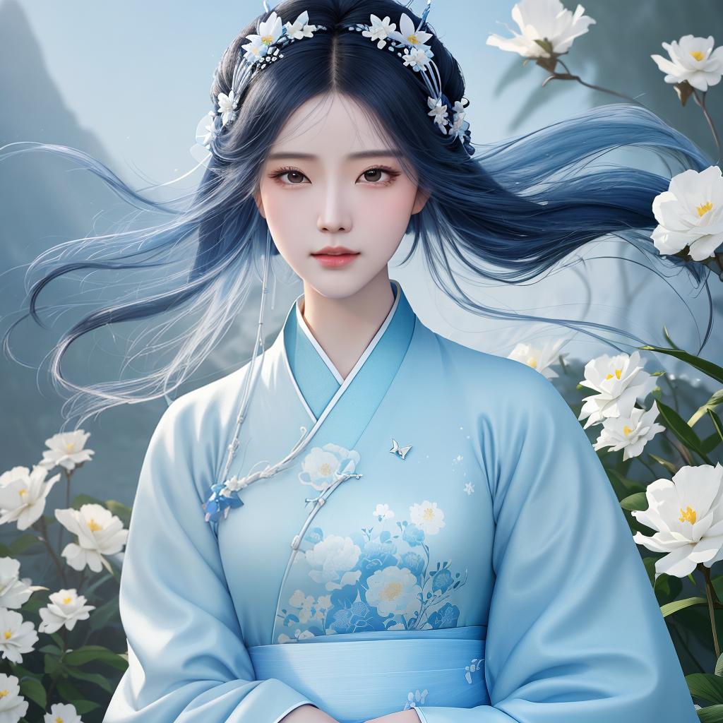  masterpiece, best quality, (Fidelity: 1.4), Best Quality, Masterpiece, Ultra High Resolution, Poster, Fantasy Art, Very Detailed Faces, 8k resolution, Chinese Style, An woman, Side Face, Quiet, Light Blue Hanfu, Tulle Coat, Long Black Hair, Light Blue Fringed Hair Ornament, Hairpin, White Ribbon, White Flower Bush, Light Blue Butterfly Flying, cinematic lighting effects