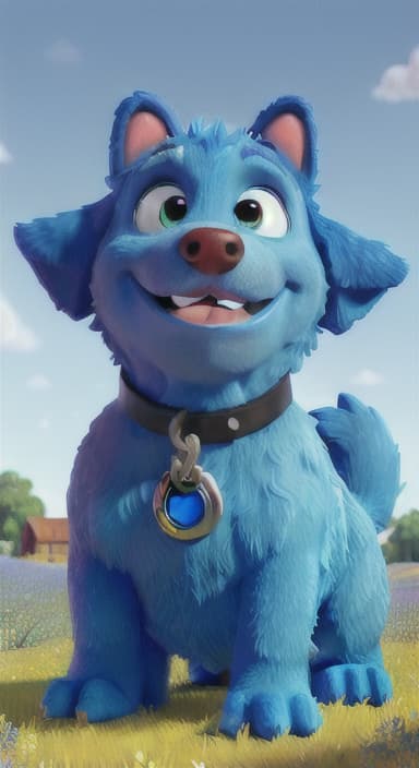  {A happy, big blue dog wagging its tail in a colorful meadow, The big blue dog is large with sky blue fur, big round eyes, a black nose, and floppy ears.