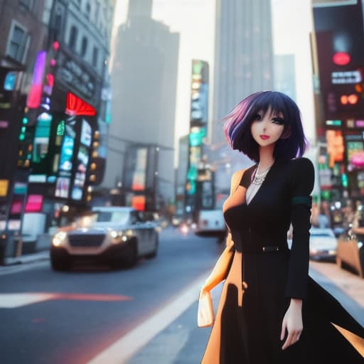  An anime girl has a black long hair and purple eyes and She wears a black tall Dress modestly and she smiles hyperrealistic, full body, detailed clothing, highly detailed, cinematic lighting, stunningly beautiful, intricate, sharp focus, f/1. 8, 85mm, (centered image composition), (professionally color graded), ((bright soft diffused light)), volumetric fog, trending on instagram, trending on tumblr, HDR 4K, 8K