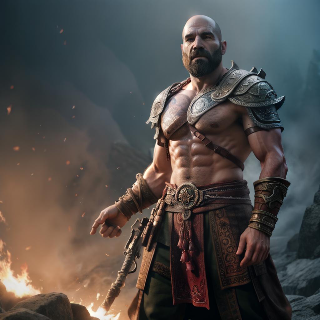  God of war hyperrealistic, full body, detailed clothing, highly detailed, cinematic lighting, stunningly beautiful, intricate, sharp focus, f/1. 8, 85mm, (centered image composition), (professionally color graded), ((bright soft diffused light)), volumetric fog, trending on instagram, trending on tumblr, HDR 4K, 8K