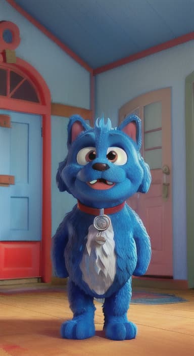  {Max the big blue dog standing in front of a cozy little house with a red door, The big blue dog is large with sky blue fur, big round eyes, a black nose, and floppy ears.