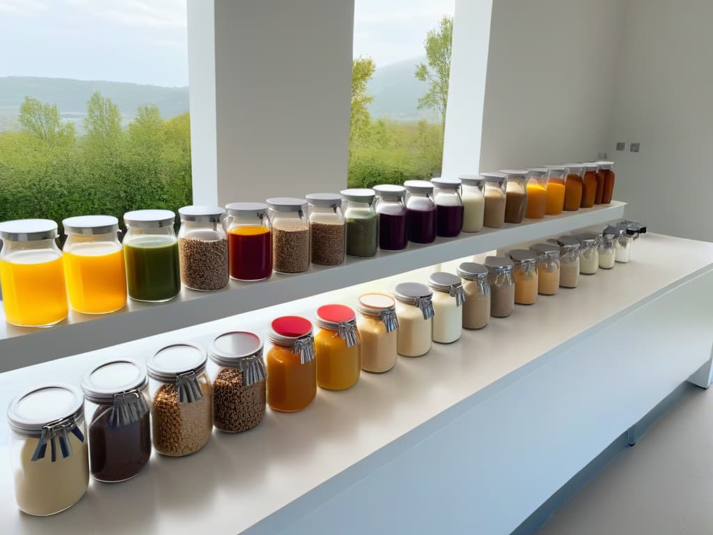  An 8k ultradetailed image of a sleek, modern kitchen counter lined with neatly arranged rows of glutenfree baking ingredients in transparent glass containers. The containers hold a variety of flours, including almond, coconut, and tapioca, alongside jars of honey, vanilla extract, and colorful sprinkles. Soft, natural light filters through a nearby window, casting a gentle glow on the pristine surface and creating a serene, minimalist aesthetic that conveys the essence of creativity and precision in glutenfree baking. hyperrealistic, full body, detailed clothing, highly detailed, cinematic lighting, stunningly beautiful, intricate, sharp focus, f/1. 8, 85mm, (centered image composition), (professionally color graded), ((bright soft diffused light)), volumetric fog, trending on instagram, trending on tumblr, HDR 4K, 8K