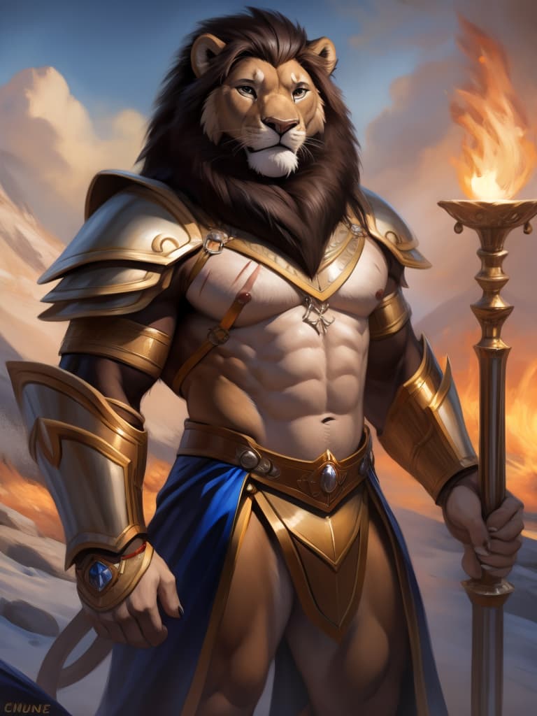  By chunie, by Zaush, portrait, full body, full view, photorealistic, anthro, male, lion, scar on face, standing, divine flame armor:2, flame sword, surrounded by a flame aura, fireland, ultra detailed flame, ultra detailed armor, sfw, thick body, muscular body, stare at the camera, open eyes, digital art, masterpiece, 4k, fine details,