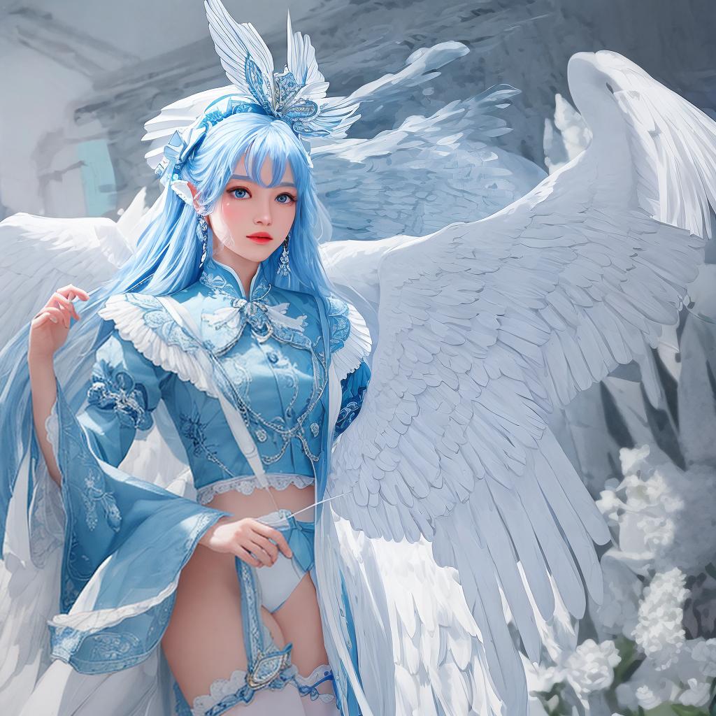  masterpiece, best quality, Cute , solo, wings, , blue eyes, jewelry, long hair, looking at viewer, earrings, white wings, thighhighs, feathered wings, angel wings, lips, hair ornament, hair, midriff, white thighhighs, angel, cowboy shot, pointy ears, realistic, , standing, masterpiece,top quality, best quality, 8k resolution