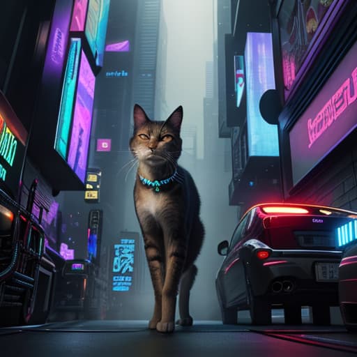  masterpiece, best quality, a scene featuring a bionic cat navigating a neon-lit cityscape, blending seamlessly with the cyber-enhanced environments , hyperrealistic, full body, detailed clothing, highly detailed, cinematic lighting, stunningly beautiful, intricate, sharp focus, f/1. 8, 85mm, (centered image composition), (professionally color graded), ((bright soft diffused light)), volumetric fog, trending on instagram, trending on tumblr, HDR 4K, 8K