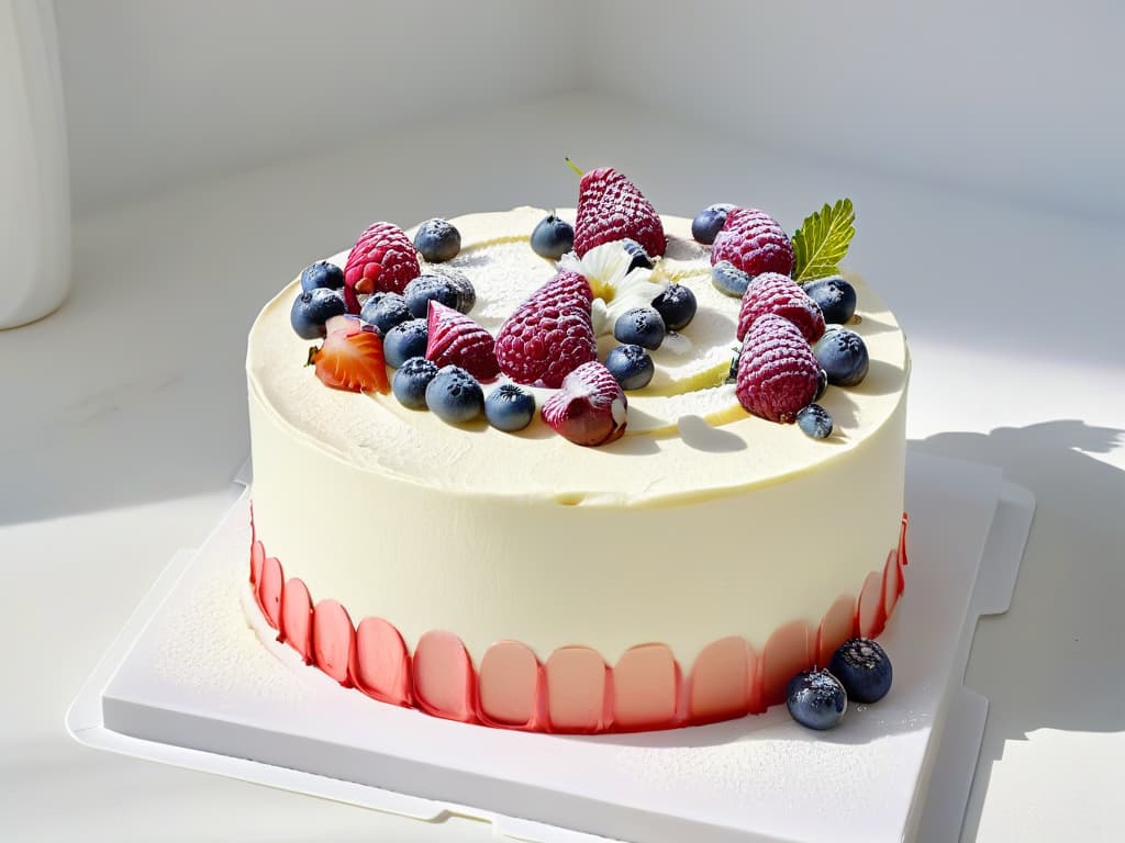  A closeup, ultradetailed image of a perfectly frosted glutenfree cake, adorned with vibrant fresh berries and delicate edible flowers, set against a sleek, white marble backdrop. The frosting is smooth and glossy, showcasing intricate swirls and peaks that reflect the light beautifully. The berries glisten with freshness, their colors popping against the neutral background, while the flowers add a touch of elegance and whimsy to the composition. This minimalistic yet striking image perfectly captures the essence of creative glutenfree baking and is sure to inspire readers with its artful presentation and attention to detail. hyperrealistic, full body, detailed clothing, highly detailed, cinematic lighting, stunningly beautiful, intricate, sharp focus, f/1. 8, 85mm, (centered image composition), (professionally color graded), ((bright soft diffused light)), volumetric fog, trending on instagram, trending on tumblr, HDR 4K, 8K