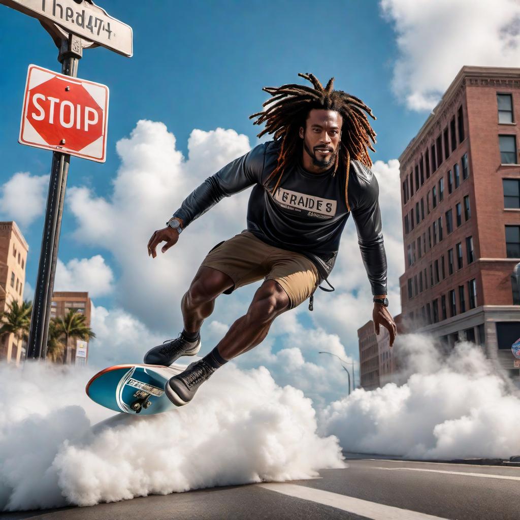  A black male with dreadlocks surfing on clouds heading towards a city situated among the clouds. Include a street sign that says '47th Ave'. The man should look excited and joyful, and the scene should be whimsical and fantastical, with vibrant colors in the sky. Street sign prominently displays '47th Ave'. hyperrealistic, full body, detailed clothing, highly detailed, cinematic lighting, stunningly beautiful, intricate, sharp focus, f/1. 8, 85mm, (centered image composition), (professionally color graded), ((bright soft diffused light)), volumetric fog, trending on instagram, trending on tumblr, HDR 4K, 8K