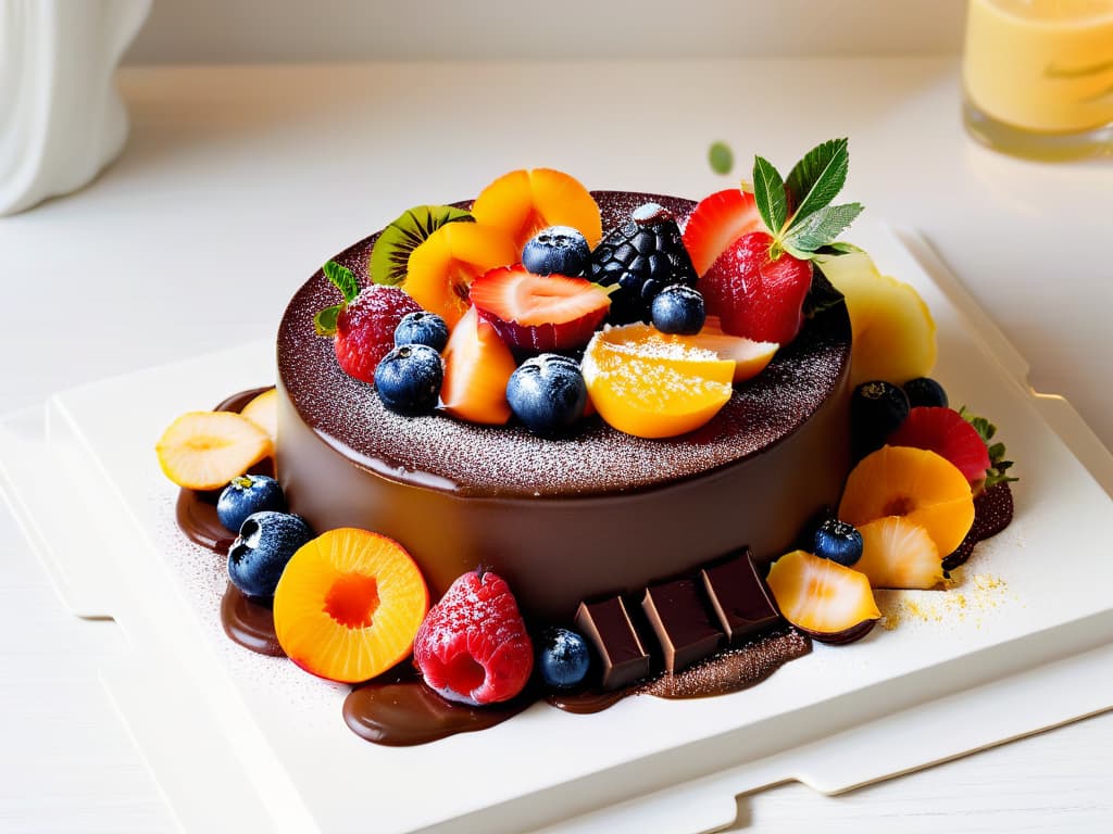  An ultradetailed photograph of a sleek, minimalistic dessert plate featuring a delicate, intricately designed chocolate sculpture as the centerpiece, surrounded by vibrant, colorful fruit coulis arranged in artistic swirls, with a dusting of edible gold flakes adding a touch of luxury. The background is elegantly blurred to keep the focus entirely on the exquisite dessert presentation, showcasing the perfect balance between simplicity and sophistication in modern dessert design. hyperrealistic, full body, detailed clothing, highly detailed, cinematic lighting, stunningly beautiful, intricate, sharp focus, f/1. 8, 85mm, (centered image composition), (professionally color graded), ((bright soft diffused light)), volumetric fog, trending on instagram, trending on tumblr, HDR 4K, 8K