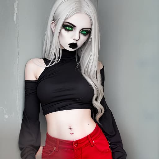  1girl, silver hair, green eyes, grey T-shirt, red saggy pants, Gothic makeup