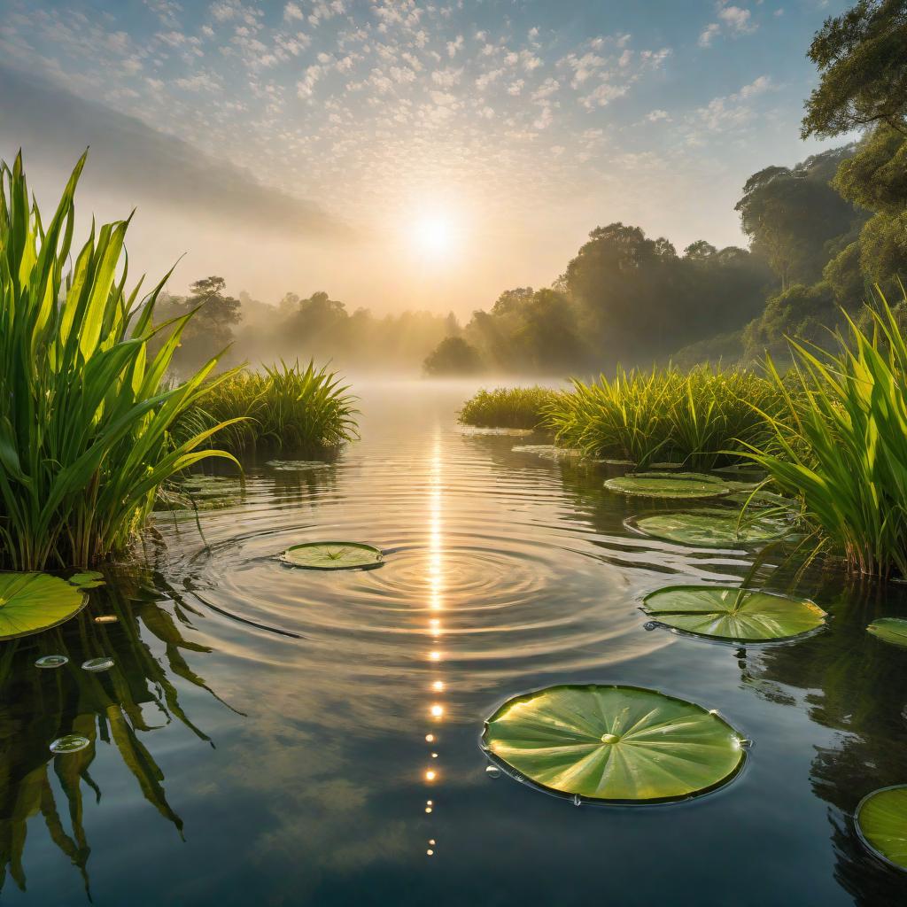  An artistic representation of 'the sun of water'. Imagine a bright, glowing sun made of water droplets reflecting light and colors like a rainbow. The water sun is surrounded by a serene, watery landscape with gentle ripples and aquatic plants. hyperrealistic, full body, detailed clothing, highly detailed, cinematic lighting, stunningly beautiful, intricate, sharp focus, f/1. 8, 85mm, (centered image composition), (professionally color graded), ((bright soft diffused light)), volumetric fog, trending on instagram, trending on tumblr, HDR 4K, 8K