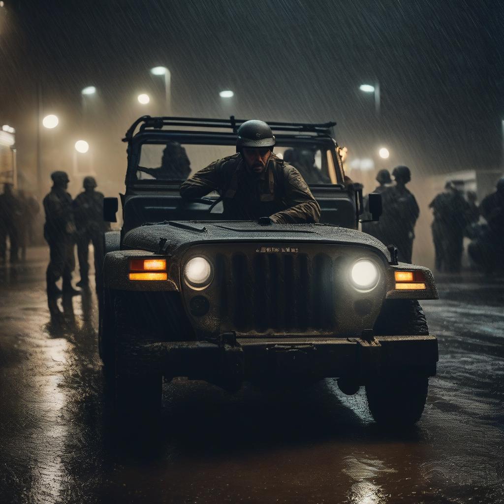  cinematic film still A civilian man detained by soldiers , raining ,black military jeep near ,dark evening , raining . shallow depth of field, vignette, highly detailed, high budget, bokeh, cinemascope, moody, epic, gorgeous, film grain, grainy hyperrealistic, full body, detailed clothing, highly detailed, cinematic lighting, stunningly beautiful, intricate, sharp focus, f/1. 8, 85mm, (centered image composition), (professionally color graded), ((bright soft diffused light)), volumetric fog, trending on instagram, trending on tumblr, HDR 4K, 8K