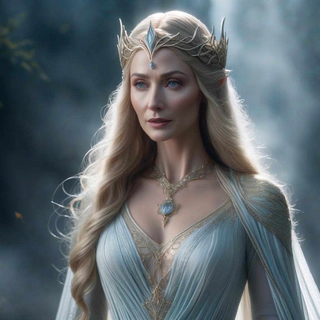  Lady Galadriel hyperrealistic, full body, detailed clothing, highly detailed, cinematic lighting, stunningly beautiful, intricate, sharp focus, f/1. 8, 85mm, (centered image composition), (professionally color graded), ((bright soft diffused light)), volumetric fog, trending on instagram, trending on tumblr, HDR 4K, 8K