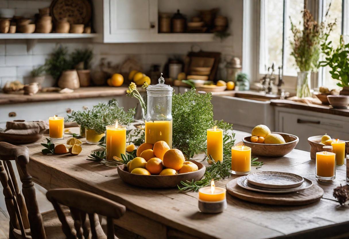  UHD stock photography, extremly realistic, 8K resolution, natural sun lighting during midday, professional, extremely detailed, Create an image of a bright, cozy kitchen table with natural light pouring in from a window, showcasing a collection of homemade soy and beeswax candles with various natural elements like herbs, flowers, and citrus slices embedded in them, set in glholders, exuding an ecofriendly and serene atmosphere suitable for a blog article on making scented candles without traditional wax, use a Sony FE 85mm