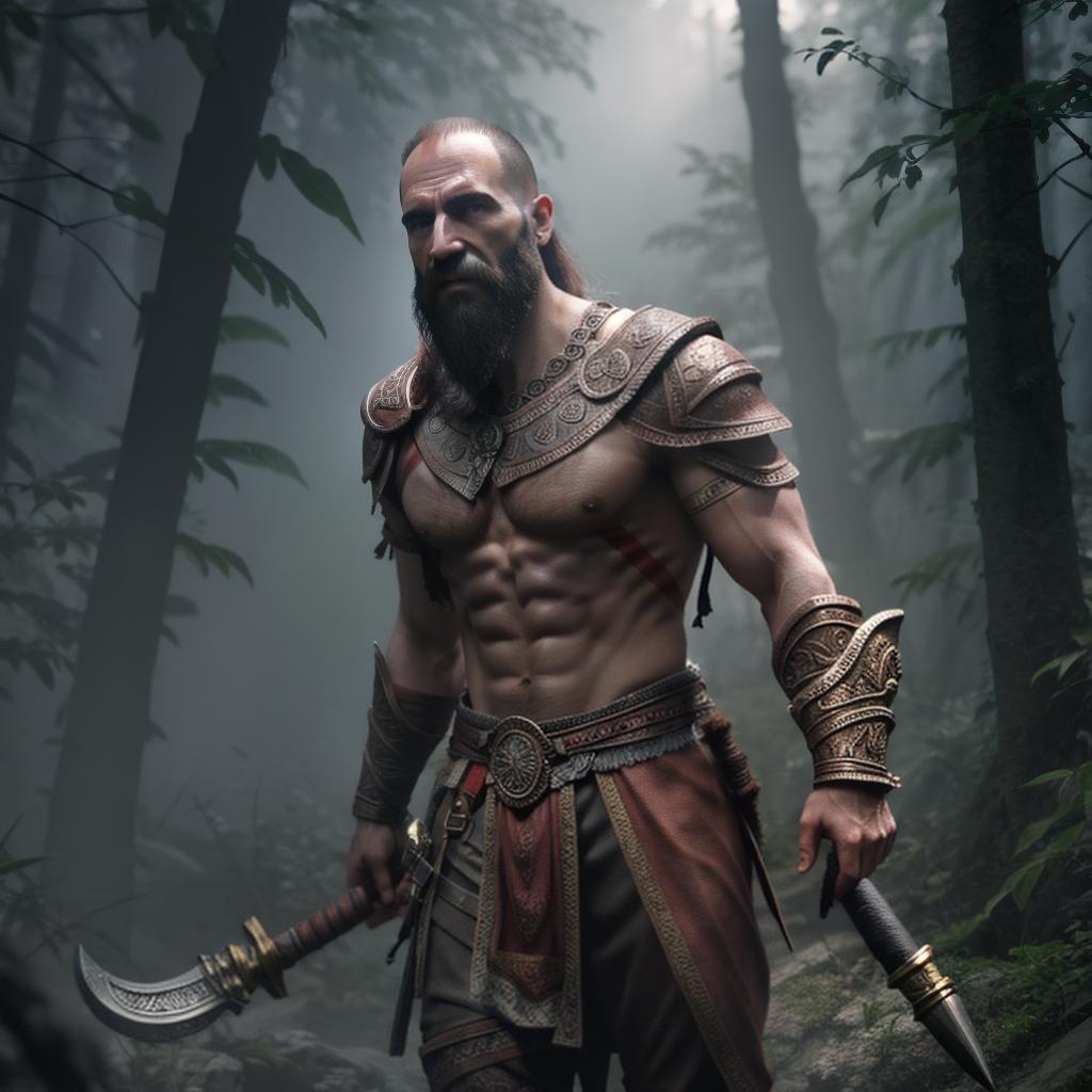  God of war hyperrealistic, full body, detailed clothing, highly detailed, cinematic lighting, stunningly beautiful, intricate, sharp focus, f/1. 8, 85mm, (centered image composition), (professionally color graded), ((bright soft diffused light)), volumetric fog, trending on instagram, trending on tumblr, HDR 4K, 8K