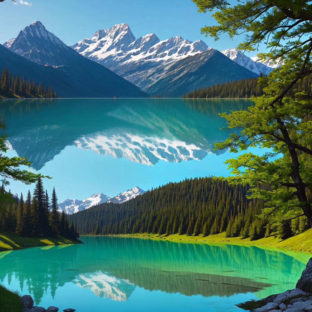  as a painting, Convey the serene majesty of towering mountains reflected in the crystal-clear waters of a tranquil alpine lake, using your unique artistic vision to evoke a sense of awe and tranquility.