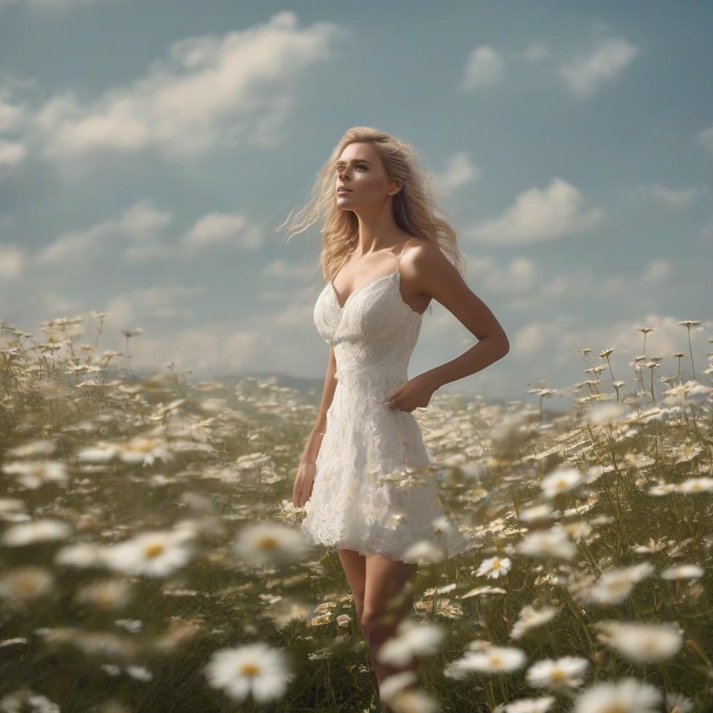  cinematic film still blond hair fluttering from the strong wind, Field of daisies, woman in a short white dress with a perfect figure and slender legs in full height, hair fluttering in the wind, holding a chamomile in his hand, smiling, original perfect super beautiful fa . shallow depth of field, vignette, highly detailed, high budget, bokeh, cinemascope, moody, epic, gorgeous, film grain, grainy hyperrealistic, full body, detailed clothing, highly detailed, cinematic lighting, stunningly beautiful, intricate, sharp focus, f/1. 8, 85mm, (centered image composition), (professionally color graded), ((bright soft diffused light)), volumetric fog, trending on instagram, trending on tumblr, HDR 4K, 8K