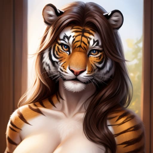  a realistic female humanoid tiger with a fit body, open eyes, digital art, masterpiece, 4k, fine details,