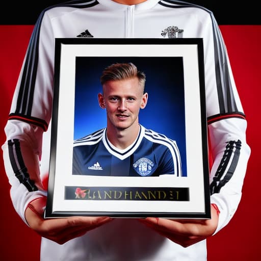 portrait+ style A photo of Haaland in Manchester united shirt holding premier league golden boot award with a banner at the top saying "top scorer"2024 season