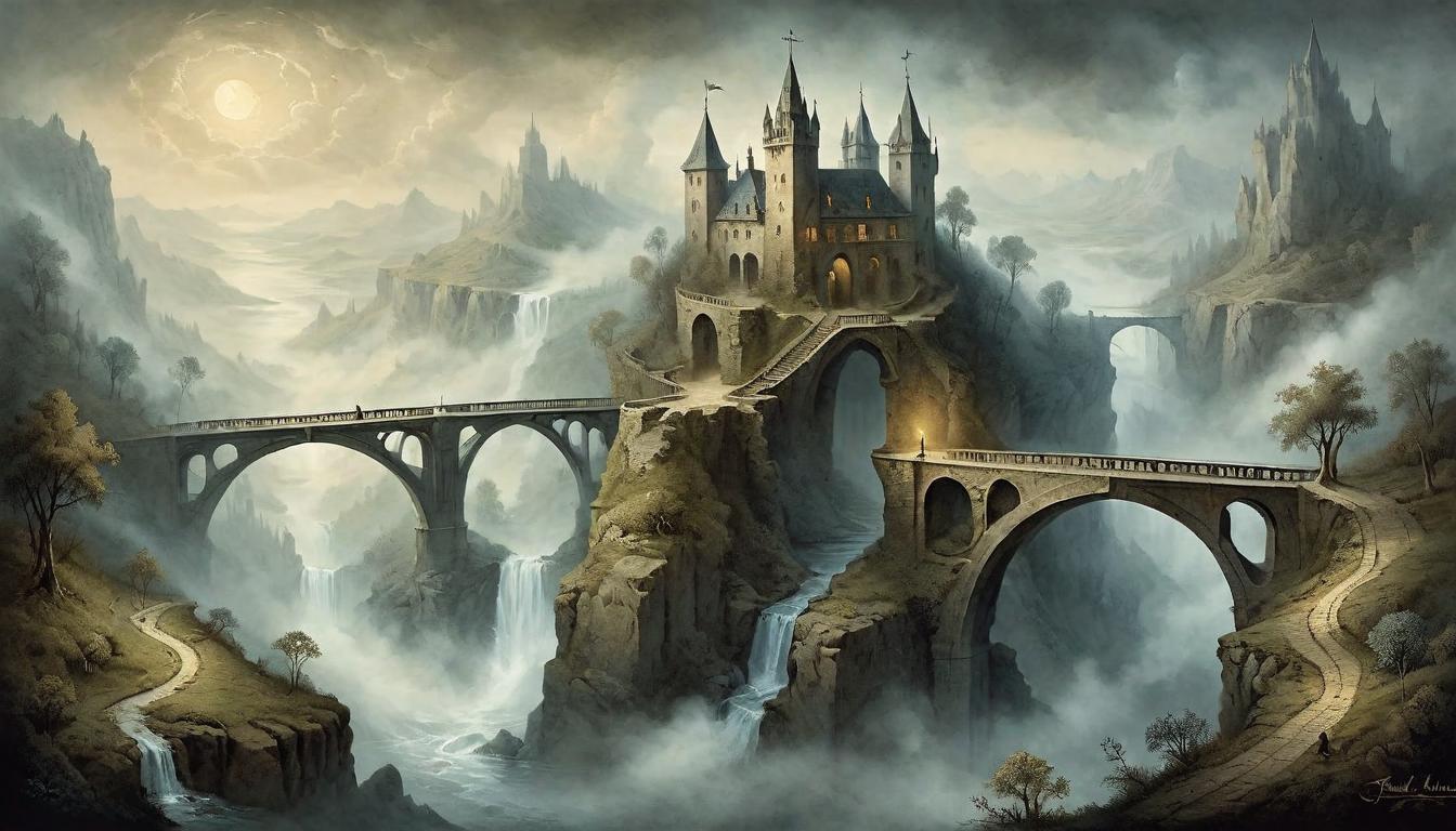  on parchment, surrealism+++, A bridge spanning a mist covered chasm, linking two disparate landscapes. Symbol of connection, bridge over the unknown, journey across divides.(mysterious, provocative, symbolic,muted color)+++