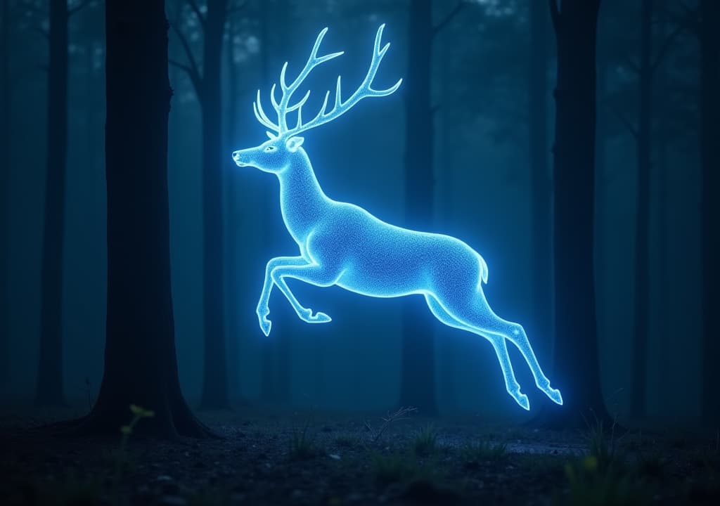  good quality, high quality, a glowing blue stag leaping through a forest