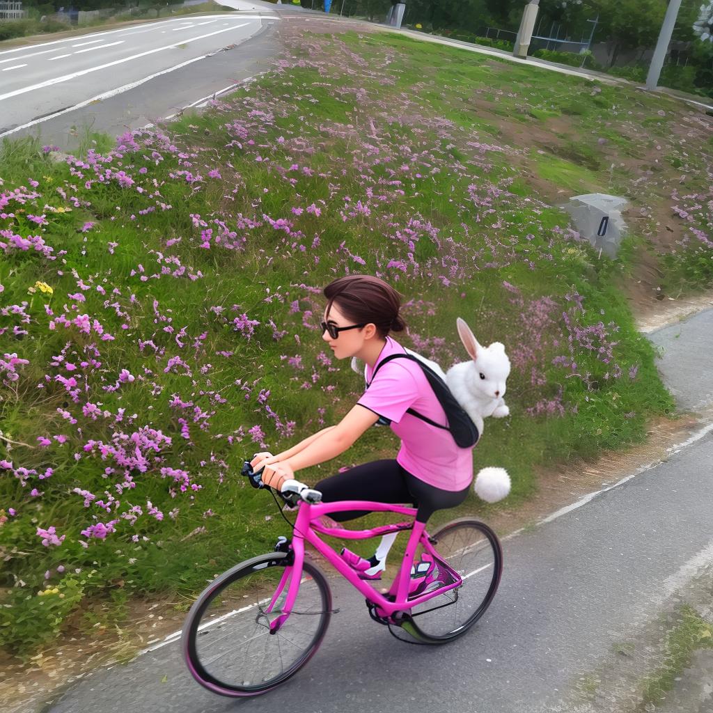  masterpiece, best quality, a pretty rabbit with pink shirt and glasses running bicycle