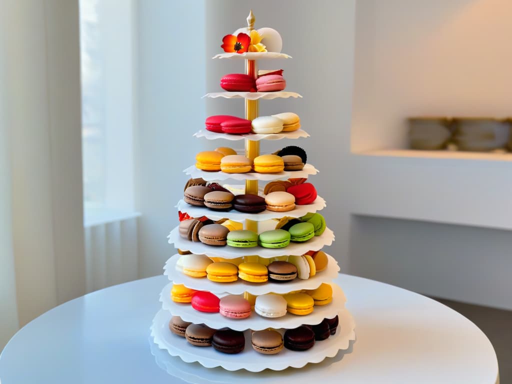  A closeup, ultradetailed image of a delicate French macaron tower, showcasing an array of vibrant colors and intricate designs. The macarons are perfectly arranged in a minimalist, modern display, exuding elegance and sophistication. Each macaron is flawlessly crafted, with a glossy finish that reflects the light, making them appear almost too beautiful to eat. The background is a soft, neutral color, ensuring that the focus remains solely on the stunning macarons. hyperrealistic, full body, detailed clothing, highly detailed, cinematic lighting, stunningly beautiful, intricate, sharp focus, f/1. 8, 85mm, (centered image composition), (professionally color graded), ((bright soft diffused light)), volumetric fog, trending on instagram, trending on tumblr, HDR 4K, 8K