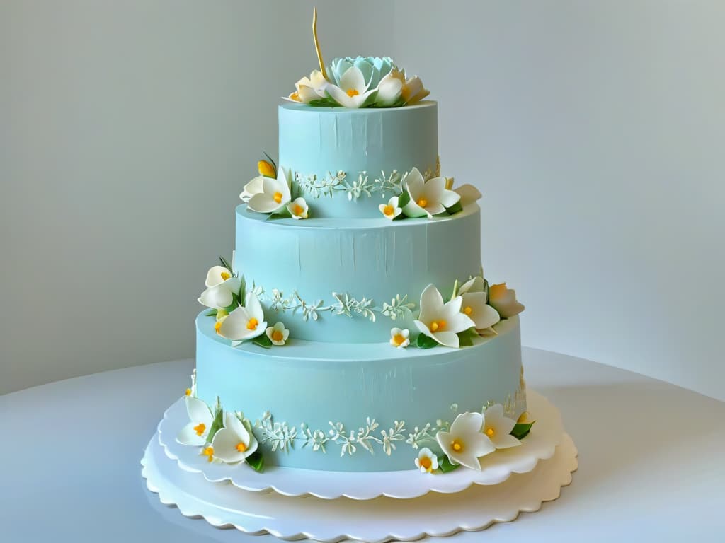  An intricately decorated threetiered wedding cake, adorned with delicate sugar flowers in pastel hues, intricate lace piping, and shimmering edible gold leaf details. Each tier showcases a different classic technique of traditional pastrymaking, from perfectly smooth fondant covering to intricate royal icing designs. The cake stands on a mirrored surface, casting a reflection that adds depth and sophistication to the overall presentation. The image captures the artistry and skill involved in creating timeless confections, embodying the essence of classic pastry secrets and techniques. hyperrealistic, full body, detailed clothing, highly detailed, cinematic lighting, stunningly beautiful, intricate, sharp focus, f/1. 8, 85mm, (centered image composition), (professionally color graded), ((bright soft diffused light)), volumetric fog, trending on instagram, trending on tumblr, HDR 4K, 8K