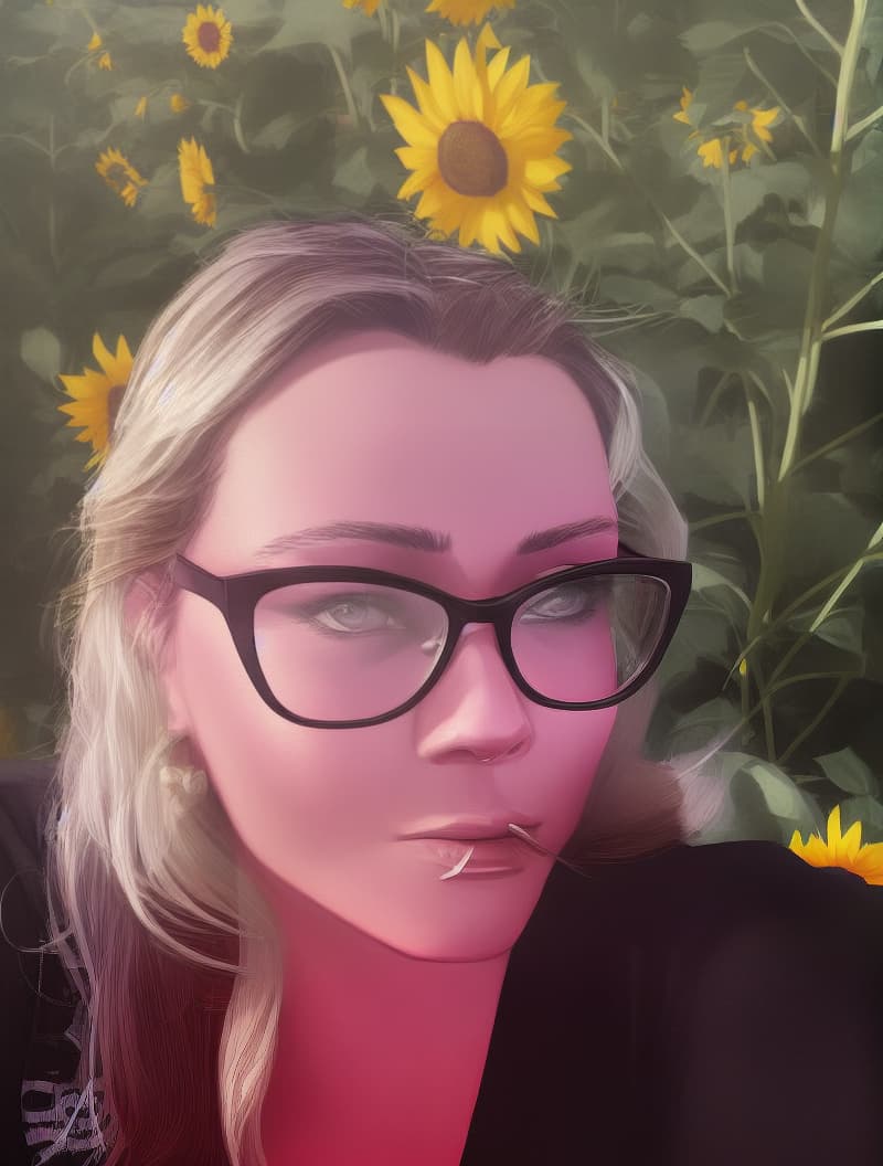  gtav style, artwork-gta5 heavily styilized, solo woman standing in field of sunflowers,  lip and nose piercings, star tattoos on chest, glasses over eyes, , Best quality