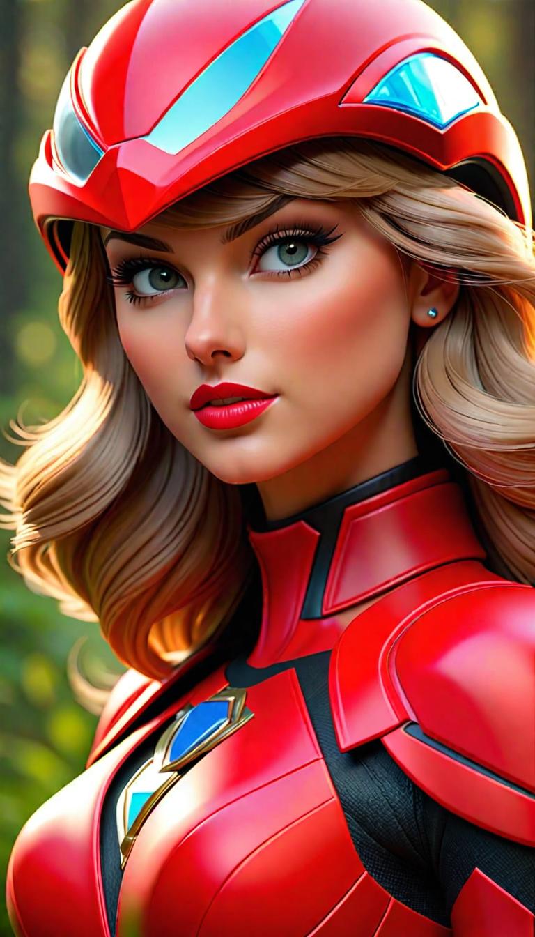  Professional 3D model of Taylor Swift as a Red Power Ranger helmet on visor down . Rendered with Octane, the model is highly detailed,dramatic lighting. hyperrealistic, full body, detailed clothing, highly detailed, cinematic lighting, stunningly beautiful, intricate, sharp focus, f/1. 8, 85mm, (centered image composition), (professionally color graded), ((bright soft diffused light)), volumetric fog, trending on instagram, trending on tumblr, HDR 4K, 8K