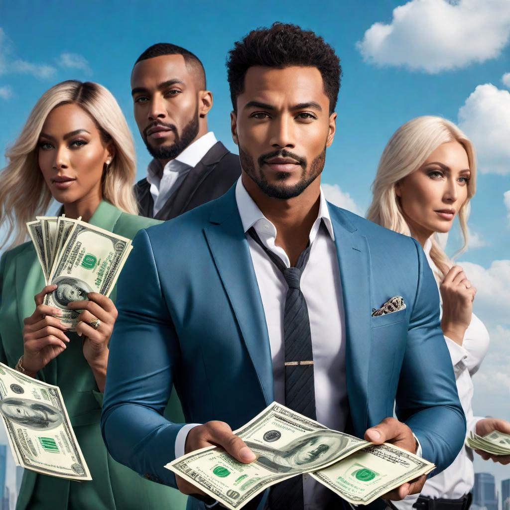  A diverse group of people with different nationalities, all dressed in casual clothing and showing very upbeat expressions. In the background, there is a forex trading chart with highs indicated by green lines and lows with red lines. Above, there are hundred dollar bills falling from a blue sky dotted with a few fluffy clouds, creating an atmosphere of financial success and optimism. hyperrealistic, full body, detailed clothing, highly detailed, cinematic lighting, stunningly beautiful, intricate, sharp focus, f/1. 8, 85mm, (centered image composition), (professionally color graded), ((bright soft diffused light)), volumetric fog, trending on instagram, trending on tumblr, HDR 4K, 8K